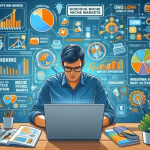 Como Identificar um Nicho de Mercado Lucrativo a imagem retrata uma pessoa está usando um notebook para pesquisar nichos de mercado lucrativos no marketing digital. Ao seu redor, há gráficos coloridos e anotações que destacam oportunidades e estratégias de mercado.