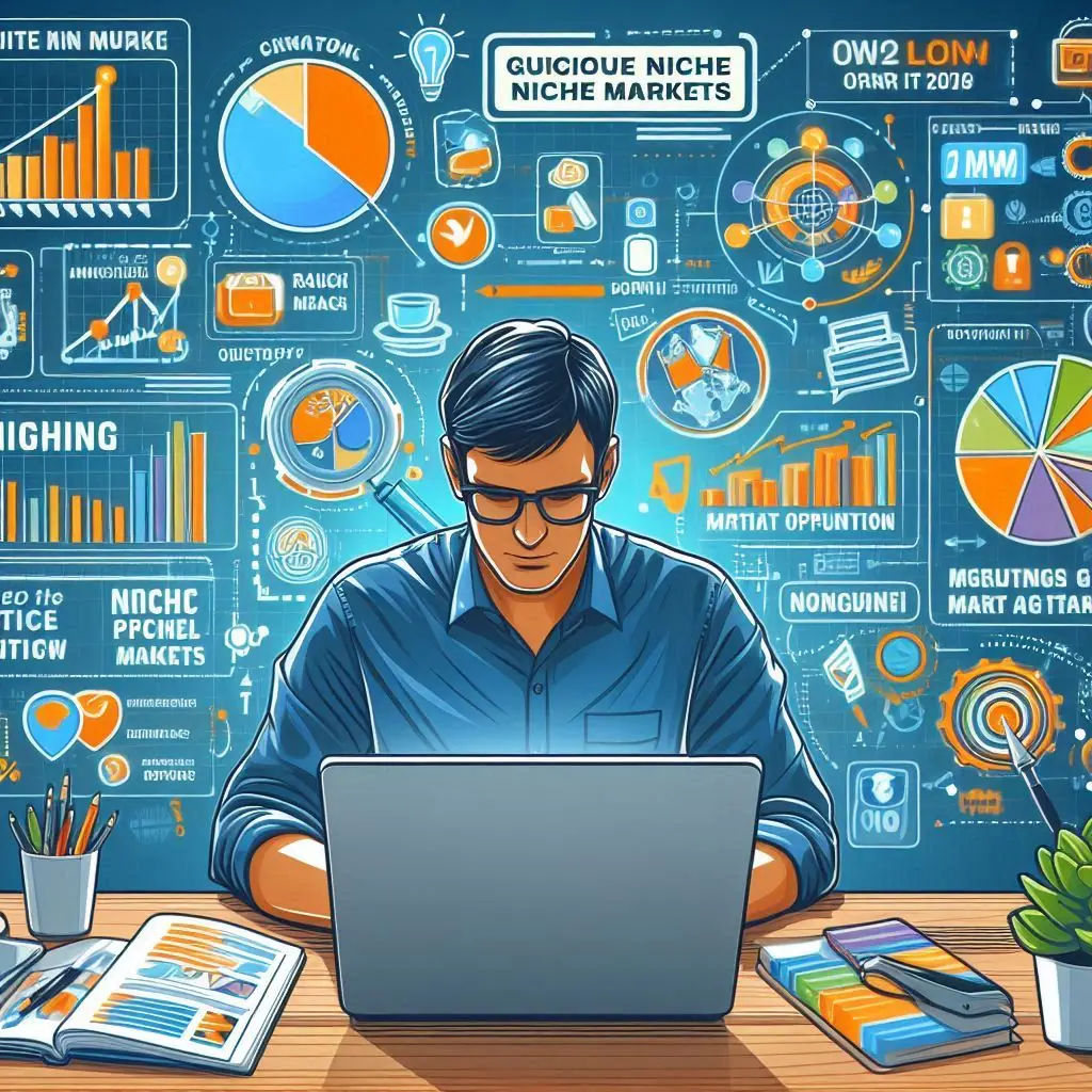 Como Identificar um Nicho de Mercado Lucrativo a imagem retrata uma pessoa está usando um notebook para pesquisar nichos de mercado lucrativos no marketing digital. Ao seu redor, há gráficos coloridos e anotações que destacam oportunidades e estratégias de mercado.