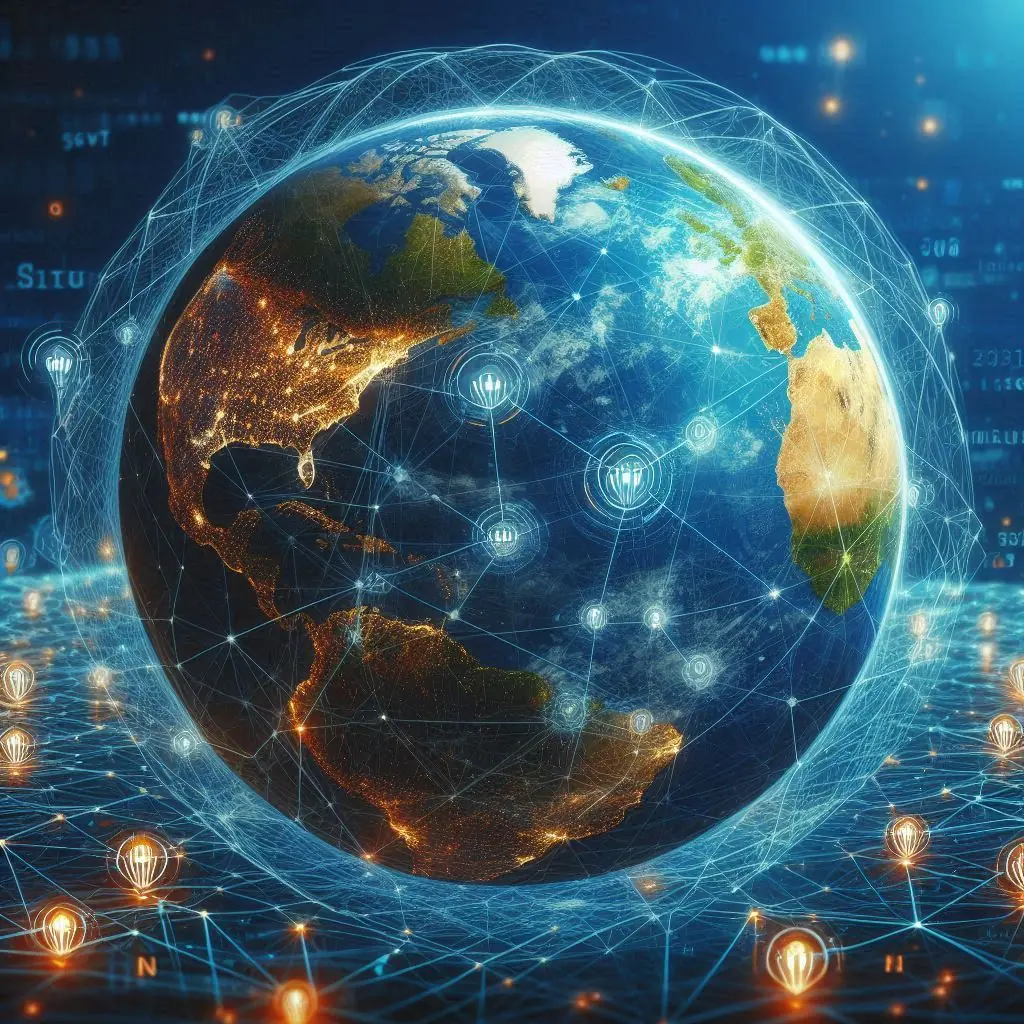 Imagem de um globo com conexões representando a rede global da internet.