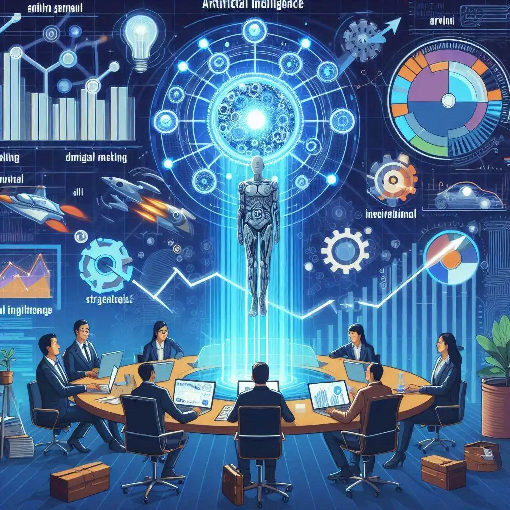 Imagem mostrando o impacto da inteligência artificial no marketing digital, destacando estratégias avançadas, ferramentas poderosas e resultados inovadores.