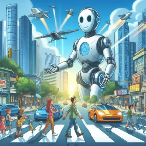 lustração da inteligência artificial impactando o mundo, com dados digitais e mãos e corpo robótica representando a inovação.