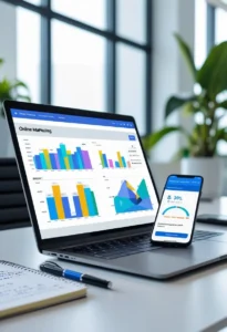 Mesa de escritório com laptop exibindo gráficos de marketing digital, relacionados a anúncios eficazes no Google Ads, ao lado de smartphone com a plataforma aberta, caderno com anotações e ambiente iluminado.