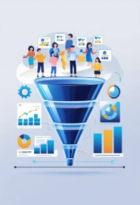 Imagem de funil de vendas que converte. Ilustração mostrando um funil de vendas transparente com várias etapas, pessoas entrando no topo e diminuindo conforme avançam, cercado por gráficos e elementos que representam estratégia e análise.