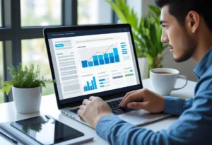 Pessoa jovem trabalhando em um laptop em uma mesa organizada, criando uma página de vendas que convertem com gráficos e anotações ao redor.