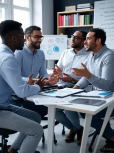 Grupo de jovens trabalhando juntos em um escritório moderno, usando laptops e dispositivos digitais para analisar dados de marketing digital, escrever textos e gerenciar campanhas online.