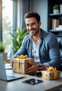 imagem de um pai sentado em uma mesa com uma caixa de presente nas mãos, em referencia ao artigo: Presente para o dia dos pais 10 idéias inovadoras.