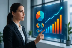 Uma mulher em pé, em frente a uma tela holográfica flutuante com gráficos 3D representando o tráfego no site.