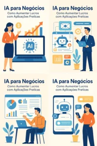 Ilustração mostrando aplicações de IA para negócios com foco em crescimento e aumento de lucros
