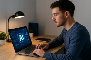 Iniciante usando ferramentas de IA em um laptop com interface brilhante em uma mesa moderna.